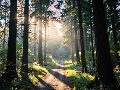 Forest path illuminated by last sky light