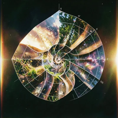 Fibonacci spiral construction lines over a nautilus shell, mathematical overlay 