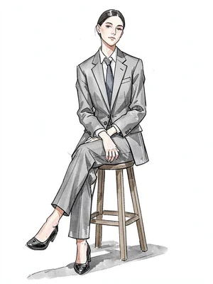 Model seated stool tailored suit