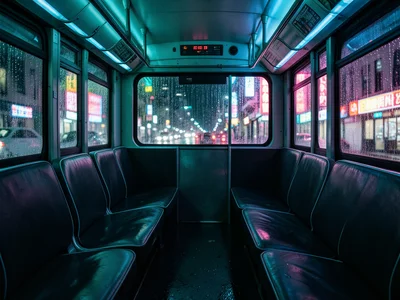 A night bus interior, empty seats lit by blue LED strips, rain streaming down th