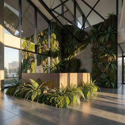 Office lobby where the living wall has completely consumed the space, reception 