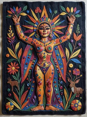 Corn goddess figure — abstract human form, arms raised, surrounded by sacred pla