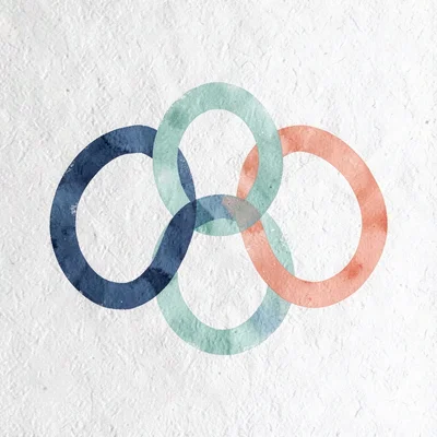 abstract chain-link-shape of three interconnected oval rings in indigo, mint, an