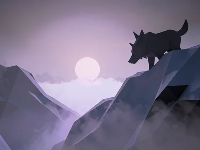 Wolf shape silhouetted against a snowy ridge with a foggy valley below glowing p