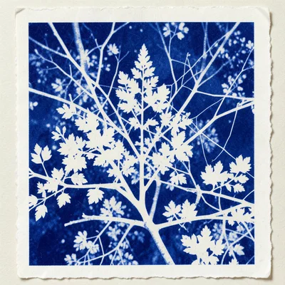Cyanotype of tree canopy from below, branches and leaves as white web on blue sk
