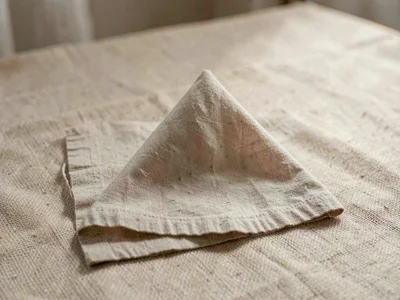 One folded undyed linen napkin arranged in a tidy triangle on slubby oatmeal lin