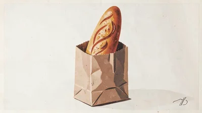 Gouache illustration, baguette in paper bag , opaque matte pigment, flat color a