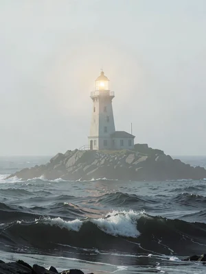 Lighthouse on a rocky islet, foreground swell of dark sea, the structure crowned