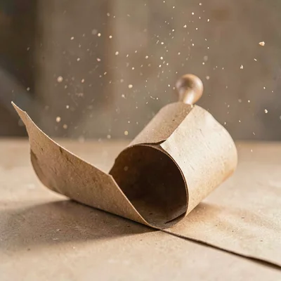 Single kraft sleeve unfurling around a paper tool prop, dust motes drifting