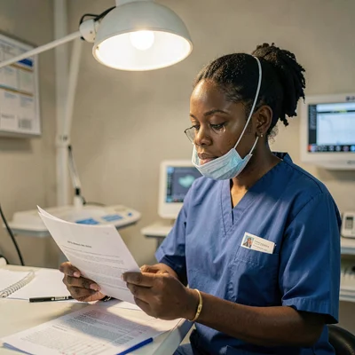 A determined Black surgeon in her thirties reviewing pre-op notes by a single ov