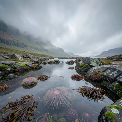 Highland atmospheric mist, Skye grey-green-purple, Rock pool with anemones and k