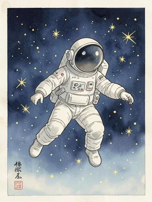Astronaut floating in space rendered as ukiyo-e print, stars as gold dots on ind