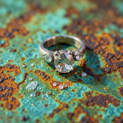 Mother's ring with gentle tarnish, birthstones visible, soft lighting