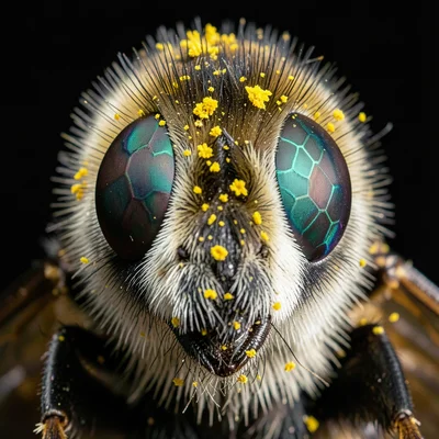 A bumblebee face-on, its fuzzy thorax dusted with yellow pollen, compound eyes s
