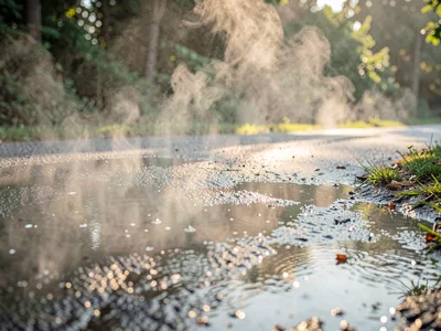 Morning steam rising from wet pavement, humidity visible as air warms