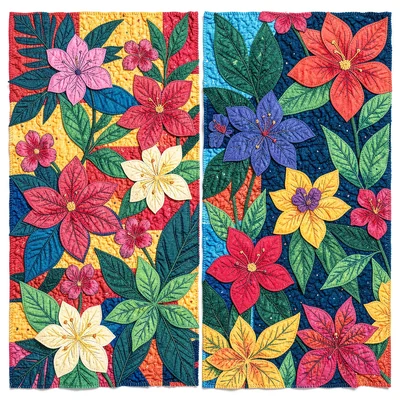 Panamanian mola textile illustration, tropical flowers in multiple fabric layers
