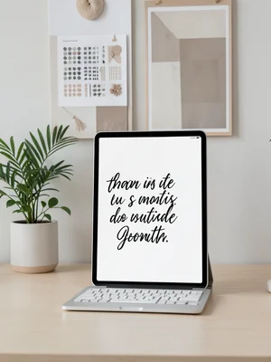 Designer hand-lettering on iPad at standing desk, plants and mood board on wall 