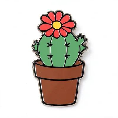 Enamel pin illustration, Potted cactus with flower , bold simple design, limited