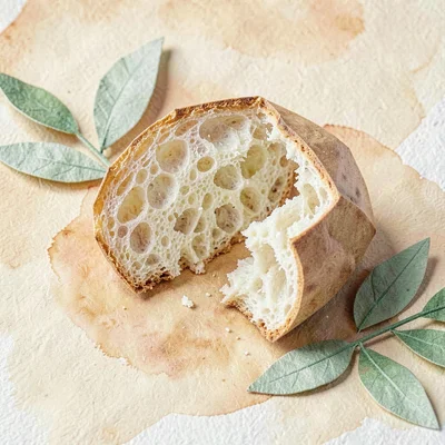 Papercraft tableau of a folded paper bread loaf torn open to reveal cream paper