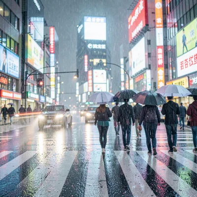 Shibuya scramble blurred under heavy rain, umbrellas dissolving into long-exposu