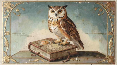 Egg tempera illustration, owl perched on ancient book , yolk-bound pigment, gold