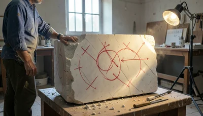 Documentary-style photograph, natural and observed, Italian marble sculptor's wo