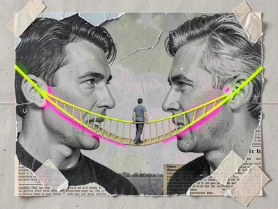 Newsprint collage of a tiny figure crossing a rope bridge between two enormous h