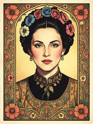 Frida Kahlo-inspired self-portrait in Mucha poster style, botanical border