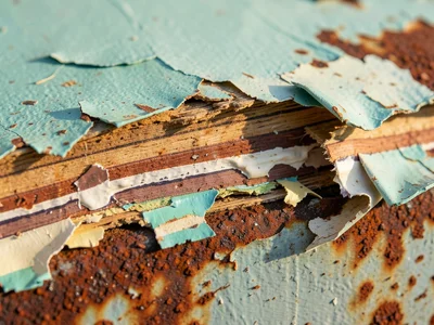 Multiple paint layers visible in chip cross-section, geological strata of decade