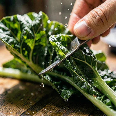 Macro of leafy greens being pressed, droplets forming