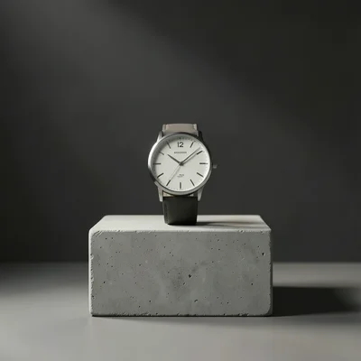 Watch displayed on a concrete pedestal, soft directional light, dark background