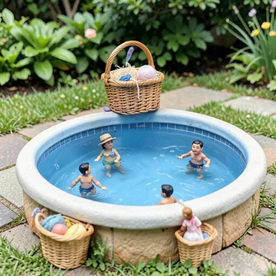 Thimble used as swimming pool by tiny people, sewing basket poolside