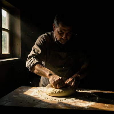 A baker kneading dough on a flour-dusted table, the only light from a small wind