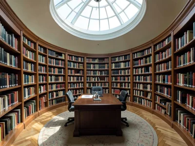 Library with circular reading room, books floor to ceiling, dome skylight, cente