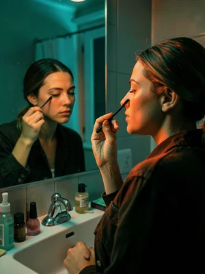 Woman applying mascara in bathroom mirror, getting ready like going to war