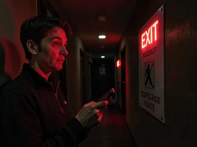 Person reading EXIT sign in foreign language, the universal symbol, lost tourist