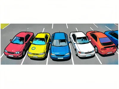 Row of cars in a parking lot, each a different primary color, aerial view