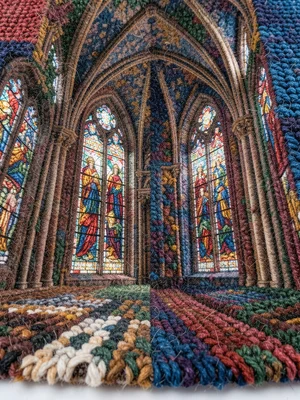 A Gothic cathedral interior with stained glass windows rendered in multicolored 