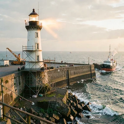 Port city documentary photograph, A lighthouse at the harbor entrance, the beam 