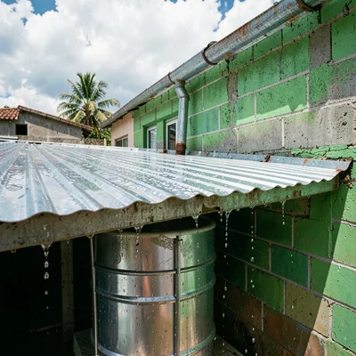 Documentary photograph with Jamaican yard aesthetic, Water drum catching rain fr