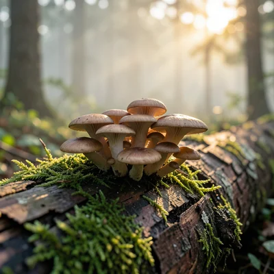 Cluster of mushrooms growing on a fallen log, morning mist in the forest behind