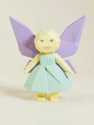 Sparkly butter-yellow lowpoly fairy character with chunky lavender wing facets a