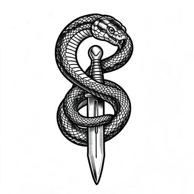 Traditional tattoo flash illustration, Snake coiled around a dagger , bold black