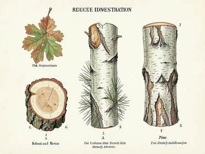 A tree bark identification plate: cross-sections of oak, birch, pine, and cherry