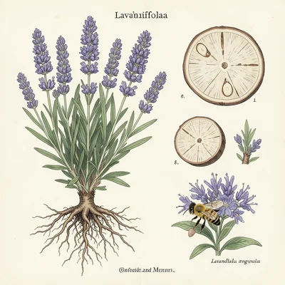 Lavandula angustifolia — full plant with root system exposed, stem cross-section