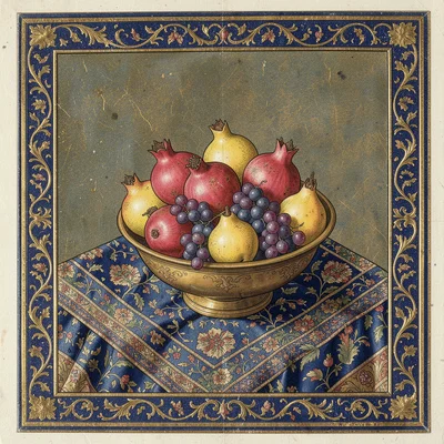 Fruit bowl heaped with pomegranates, quinces, and grapes on a patterned cloth