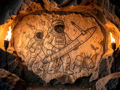 Cave painting of astronauts and spaceships, actual cave wall texture, torchlight