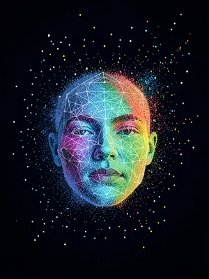 Face dissolving into particle system, individual points floating away