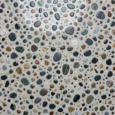 Brutalist terrazzo: exposed aggregate concrete with large river stones, raw and 