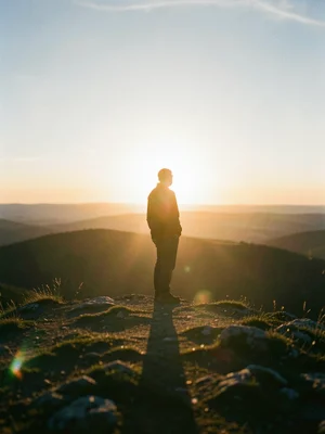 Person on hilltop watching sunset, long shadow stretching behind
